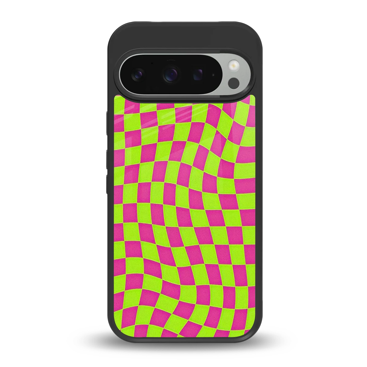 Trippy Green Pink Checkers back phone cover | glass case for google pixel 9 pro