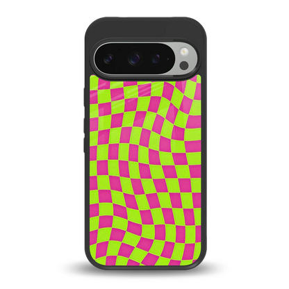 Trippy Green Pink Checkers back phone cover | glass case for google pixel 9 pro