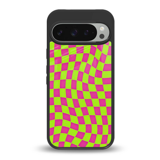 Trippy Green Pink Checkers back phone cover | glass case for google pixel 9 pro xl