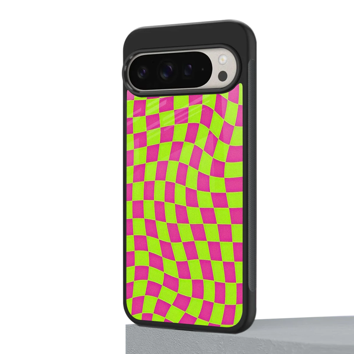 Trippy Green Pink Checkers google pixel 9 pro mobile cover | shockproof glass phone case