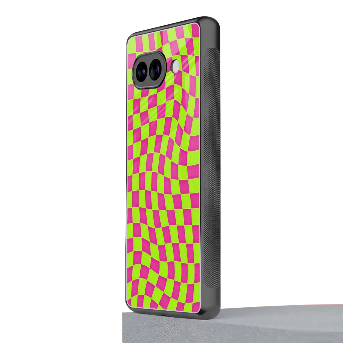 Trippy Green Pink Checkers google pixel 9a mobile cover | shockproof glass phone case