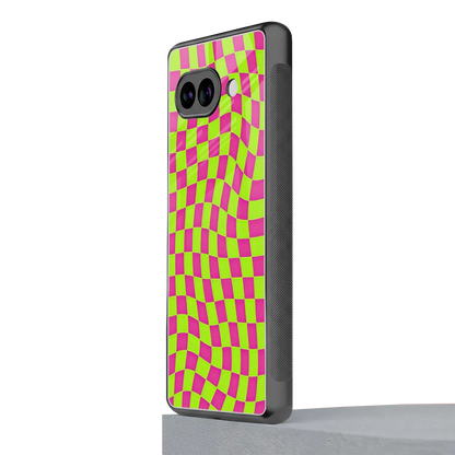 Trippy Green Pink Checkers google pixel 9a mobile cover | shockproof glass phone case