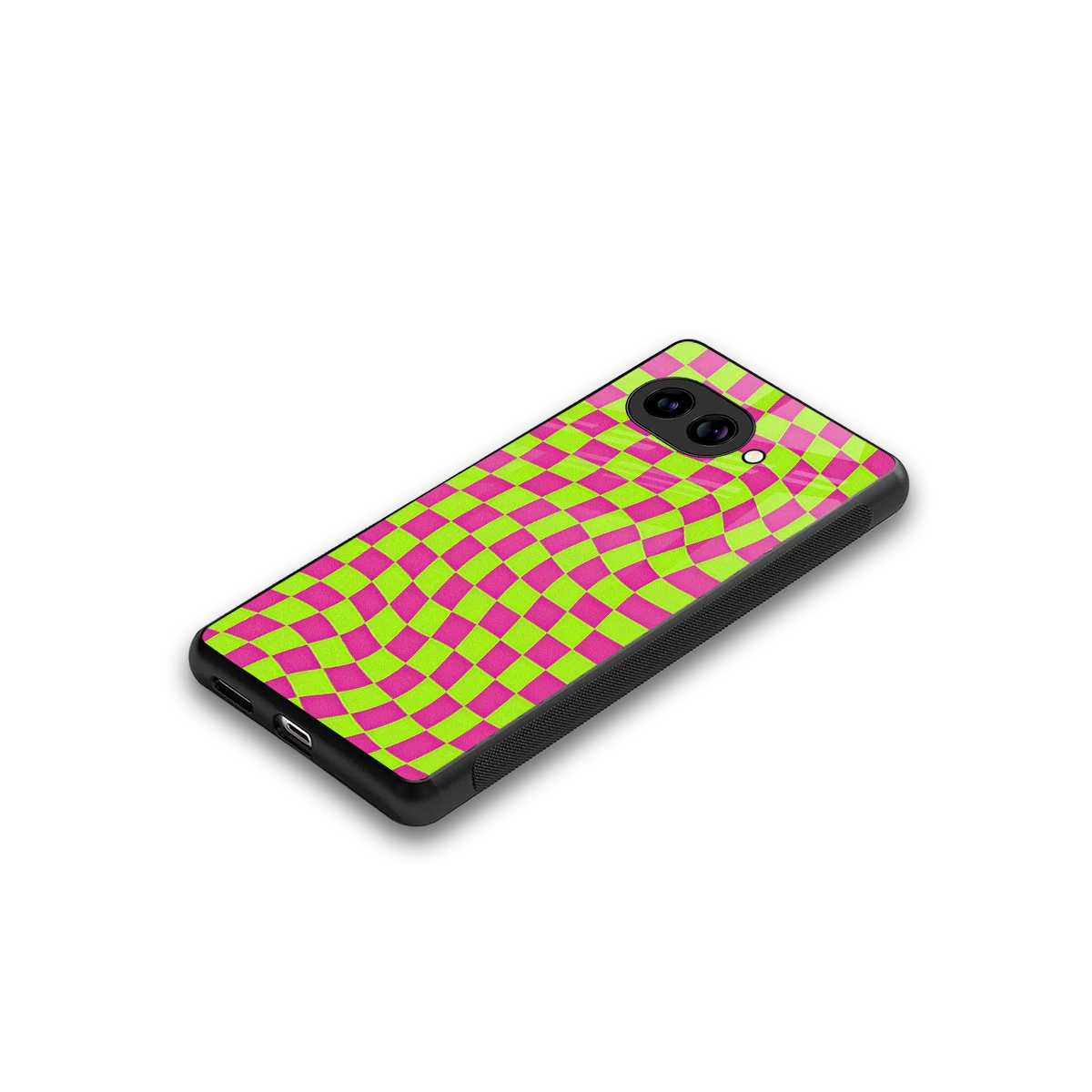 Trippy Green Pink Checkers stylish phone case for google pixel 9a | glossy glass and slim fit