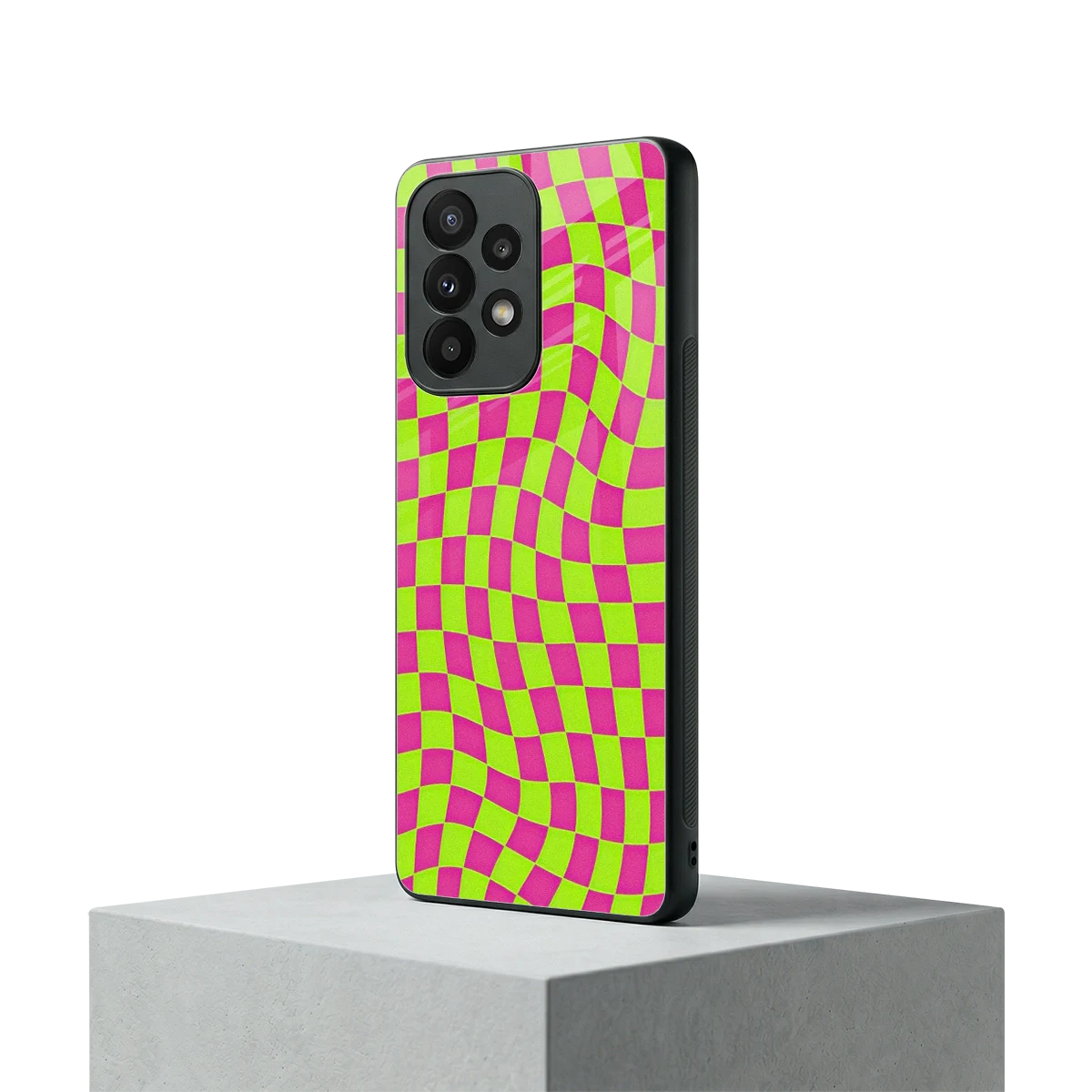 Trippy Green Pink Checkers samsung galaxy a23 mobile cover | shockproof glass phone case