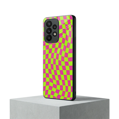 Trippy Green Pink Checkers samsung galaxy a23 mobile cover | shockproof glass phone case
