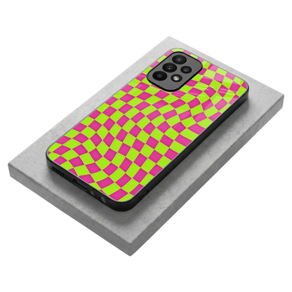 Trippy Green Pink Checkers stylish phone case for samsung galaxy a23 | glossy glass and slim fit