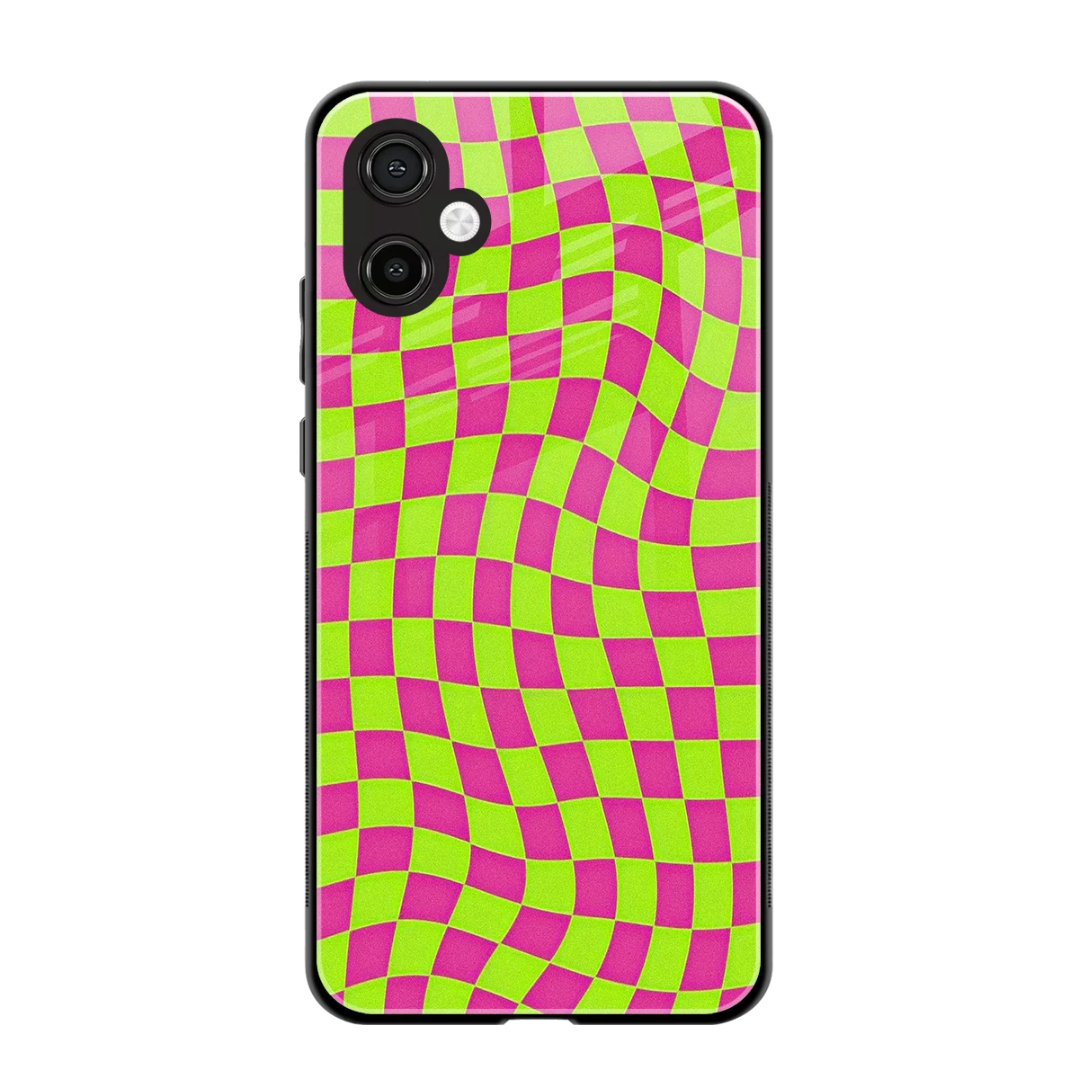 Trippy Green Pink Checkers back phone cover | glass case for samsung galaxy a06 5g