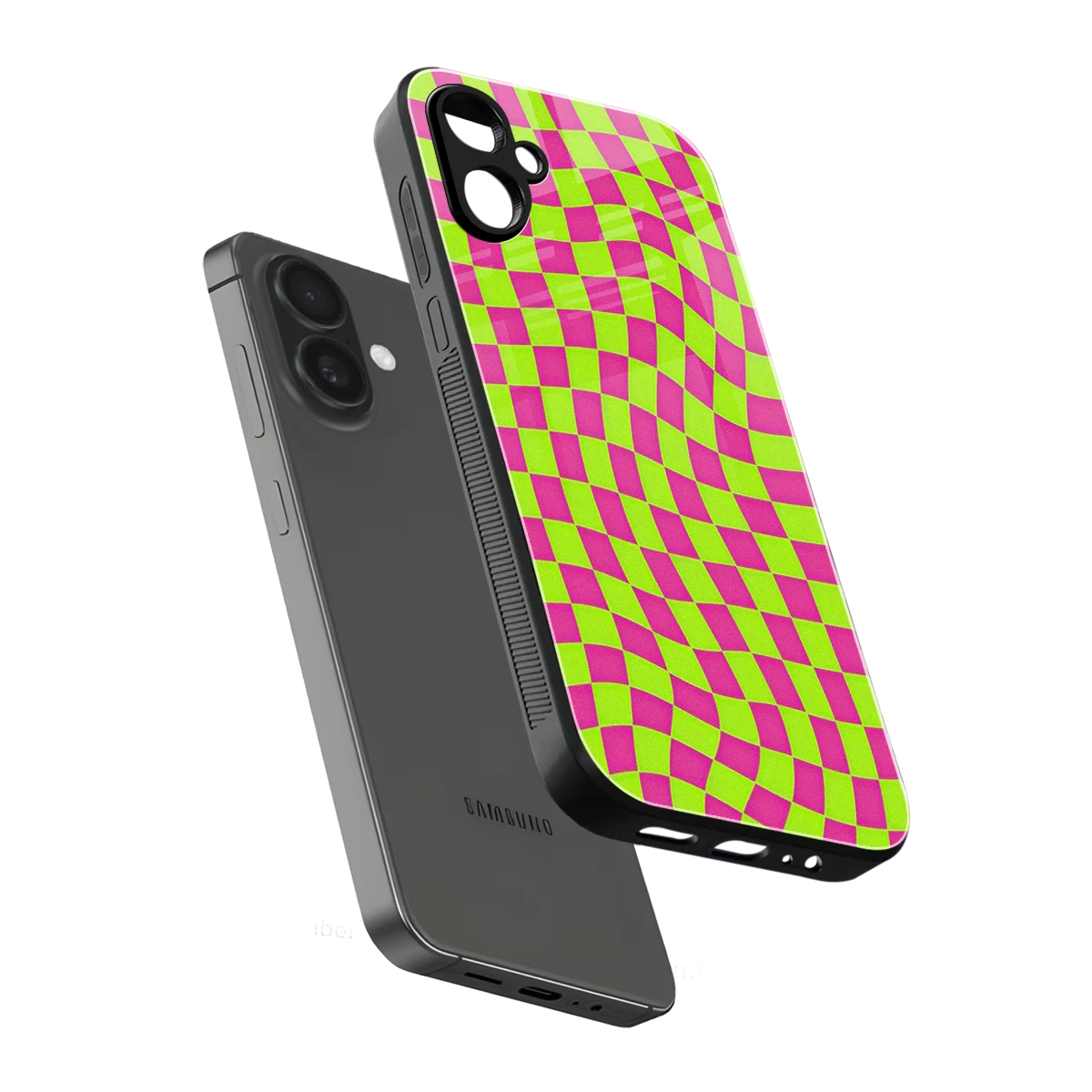 Trippy Green Pink Checkers sleek samsung galaxy a06 5g cover with tempered glass back and TPU edges