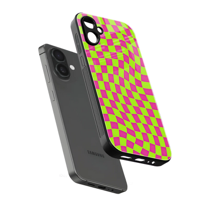 Trippy Green Pink Checkers sleek samsung galaxy a06 5g cover with tempered glass back and TPU edges