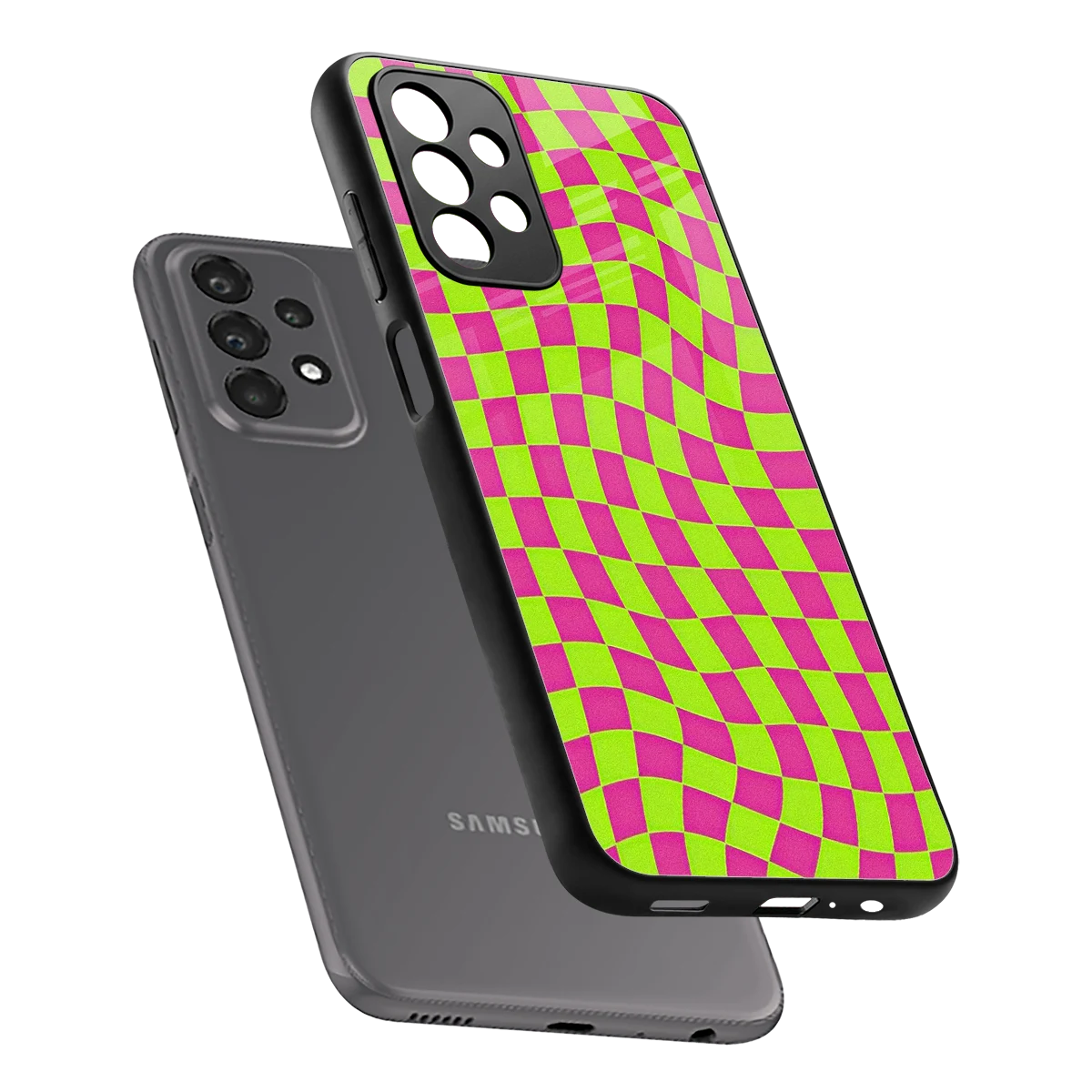 Trippy Green Pink Checkers sleek samsung galaxy a23 cover with tempered glass back and TPU edges