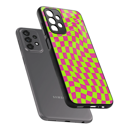 Trippy Green Pink Checkers sleek samsung galaxy a23 cover with tempered glass back and TPU edges