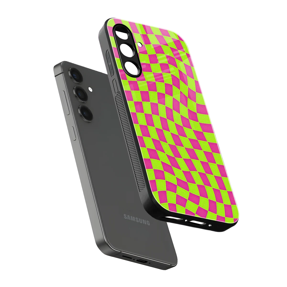 Trippy Green Pink Checkers sleek samsung galaxy a14 5g cover with tempered glass back and TPU edges