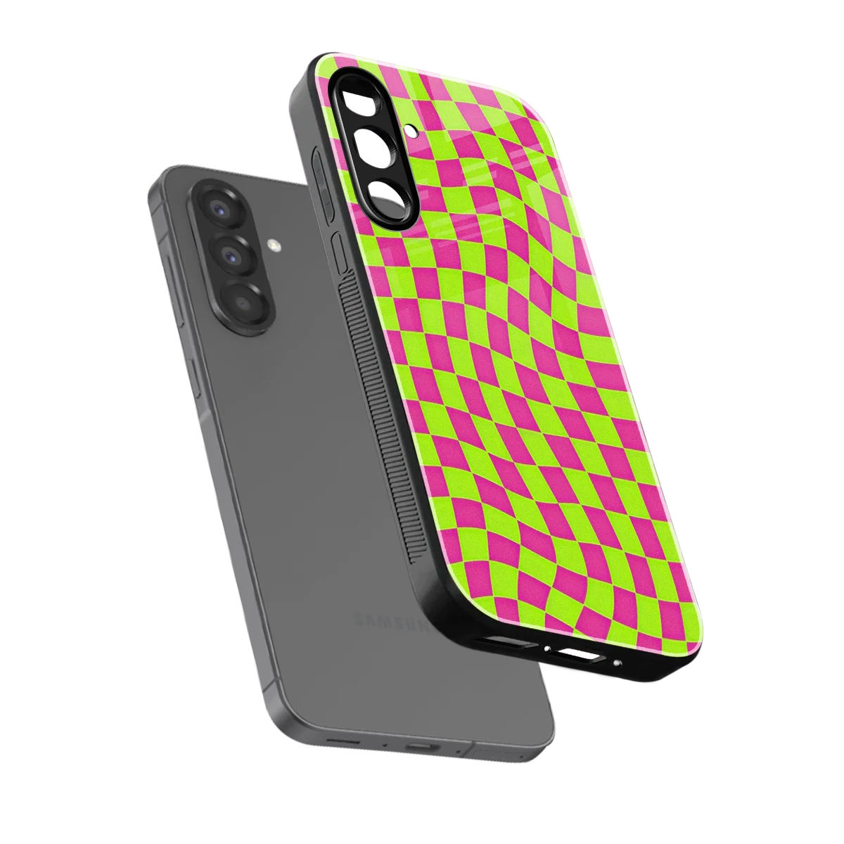 Trippy Green Pink Checkers sleek samsung galaxy a17 5g cover with tempered glass back and TPU edges