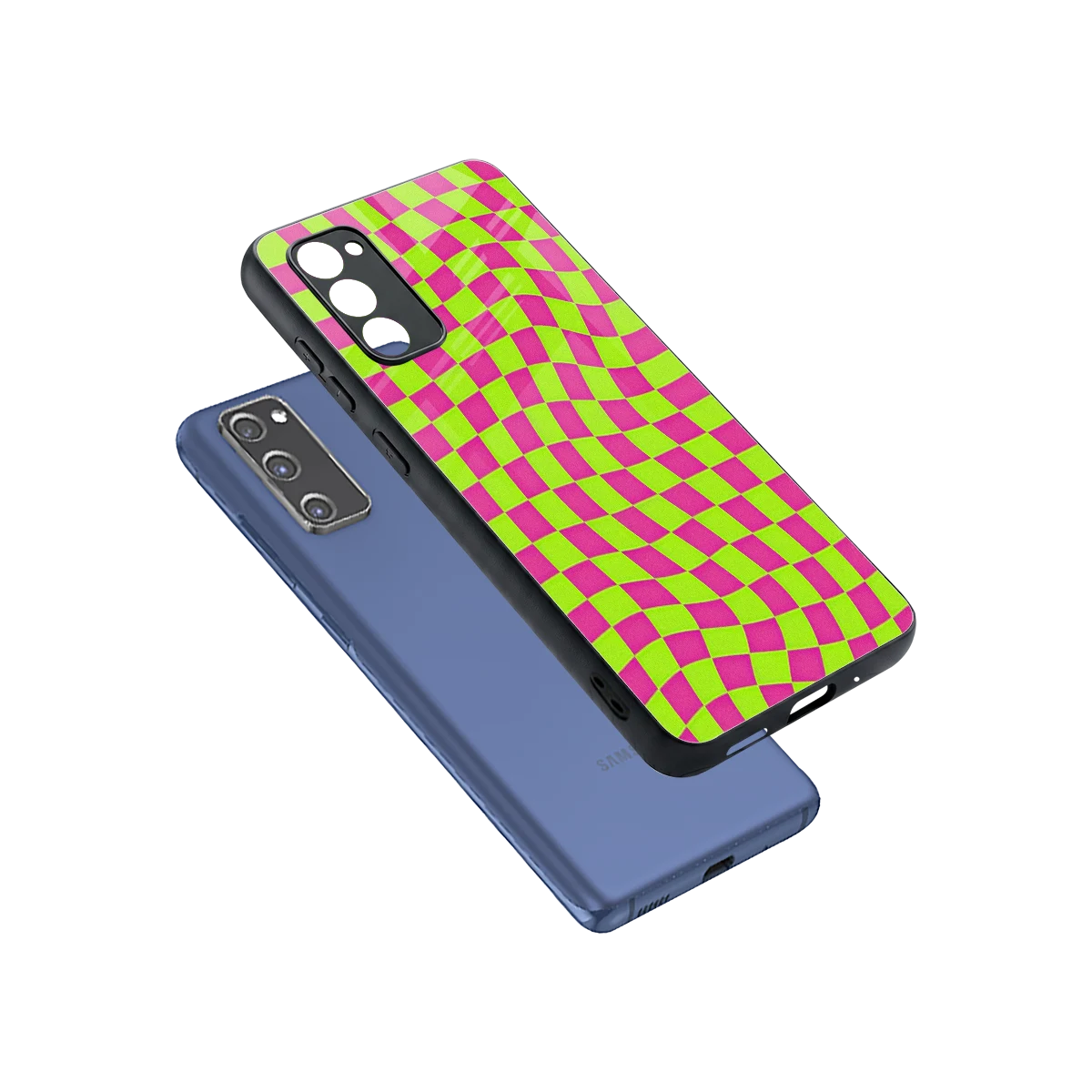 Trippy Green Pink Checkers sleek samsung galaxy s20 fe cover with tempered glass back and TPU edges