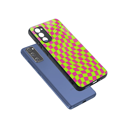 Trippy Green Pink Checkers sleek samsung galaxy s20 fe cover with tempered glass back and TPU edges