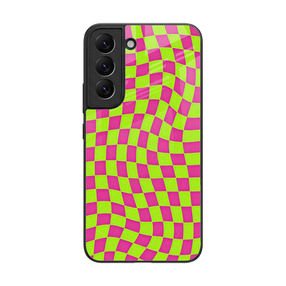 Trippy Green Pink Checkers back phone cover | glass case for samsung galaxy s22