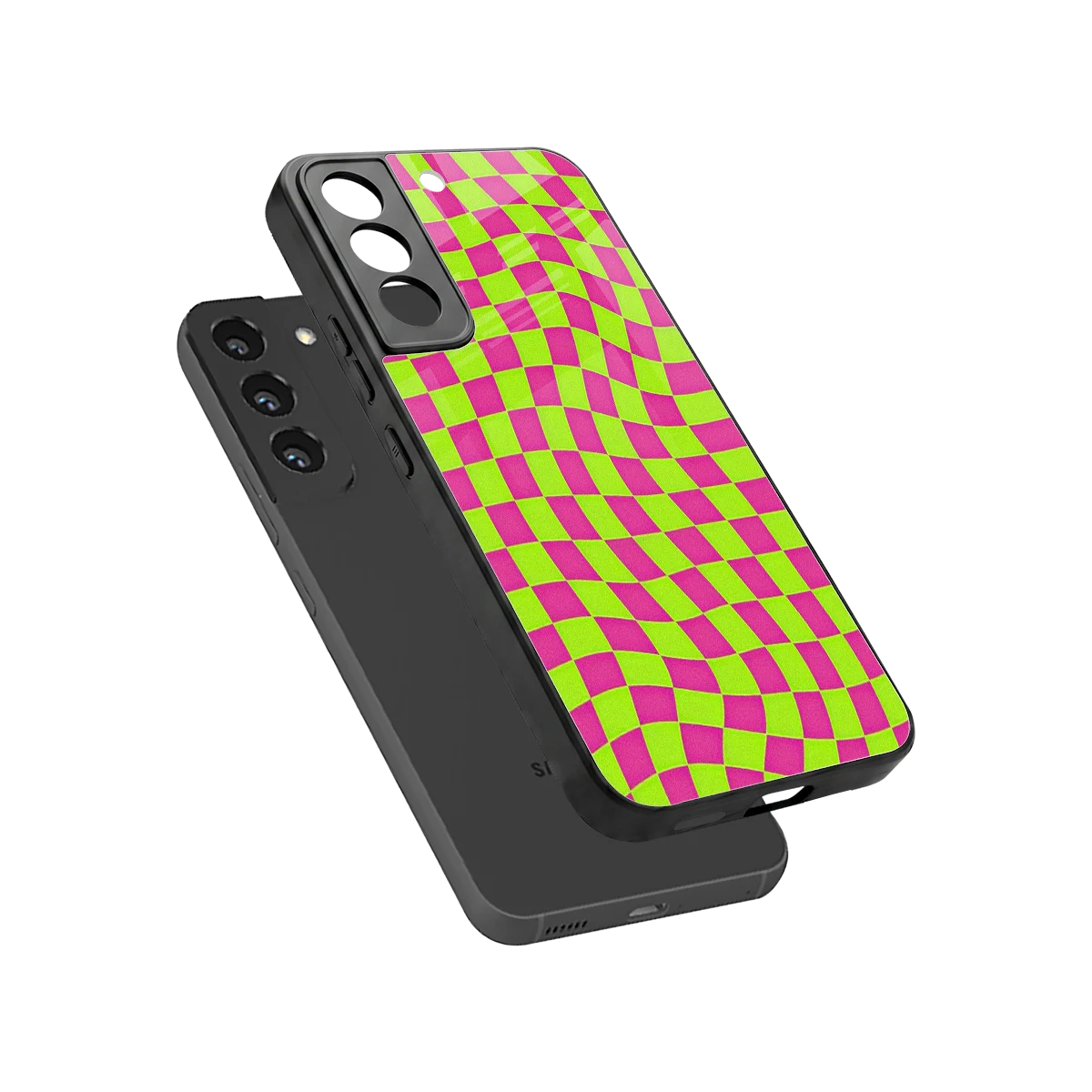 Trippy Green Pink Checkers sleek samsung galaxy s22 cover with tempered glass back and TPU edges