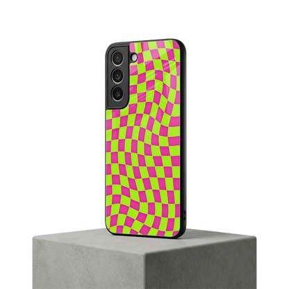 Trippy Green Pink Checkers samsung galaxy s22 mobile cover | shockproof glass phone case