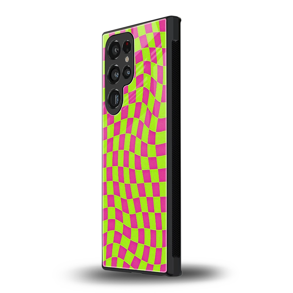 Trippy Green Pink Checkers samsung galaxy s24 ultra mobile cover | shockproof glass phone case