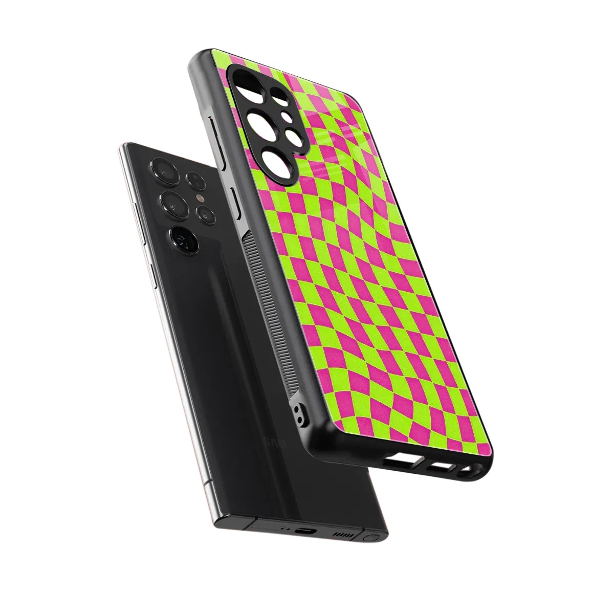Trippy Green Pink Checkers sleek samsung galaxy s25 ultra cover with tempered glass back and TPU edges