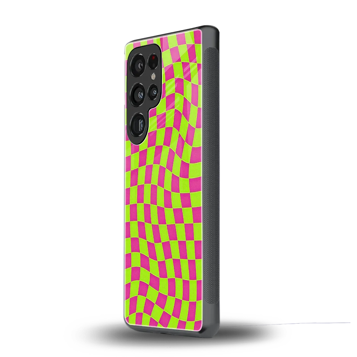 Trippy Green Pink Checkers samsung galaxy s25 ultra mobile cover | shockproof glass phone case