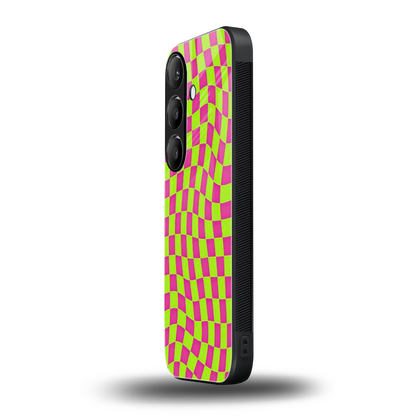 Trippy Green Pink Checkers samsung galaxy s24 mobile cover | shockproof glass phone case