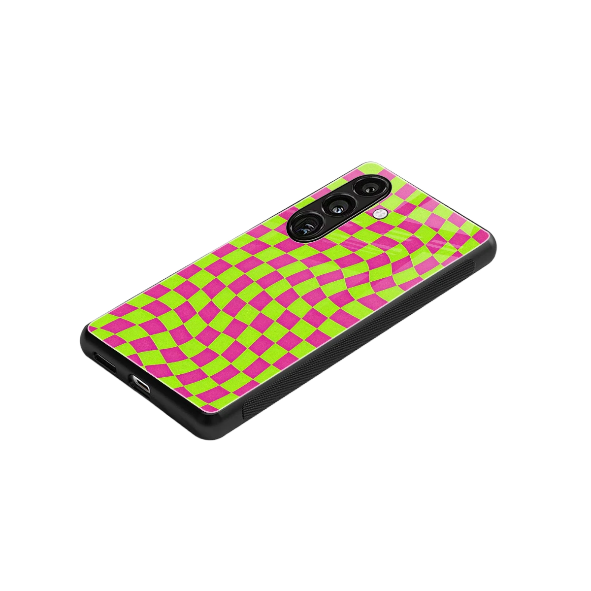 Trippy Green Pink Checkers stylish phone case for samsung galaxy s24 | glossy glass and slim fit