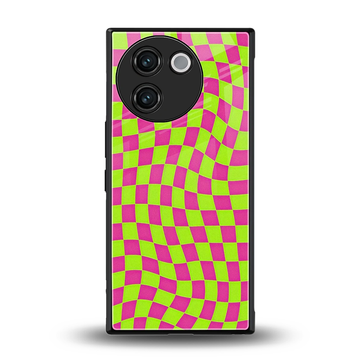 Trippy Green Pink Checkers back phone cover | glass case for vivo v30e
