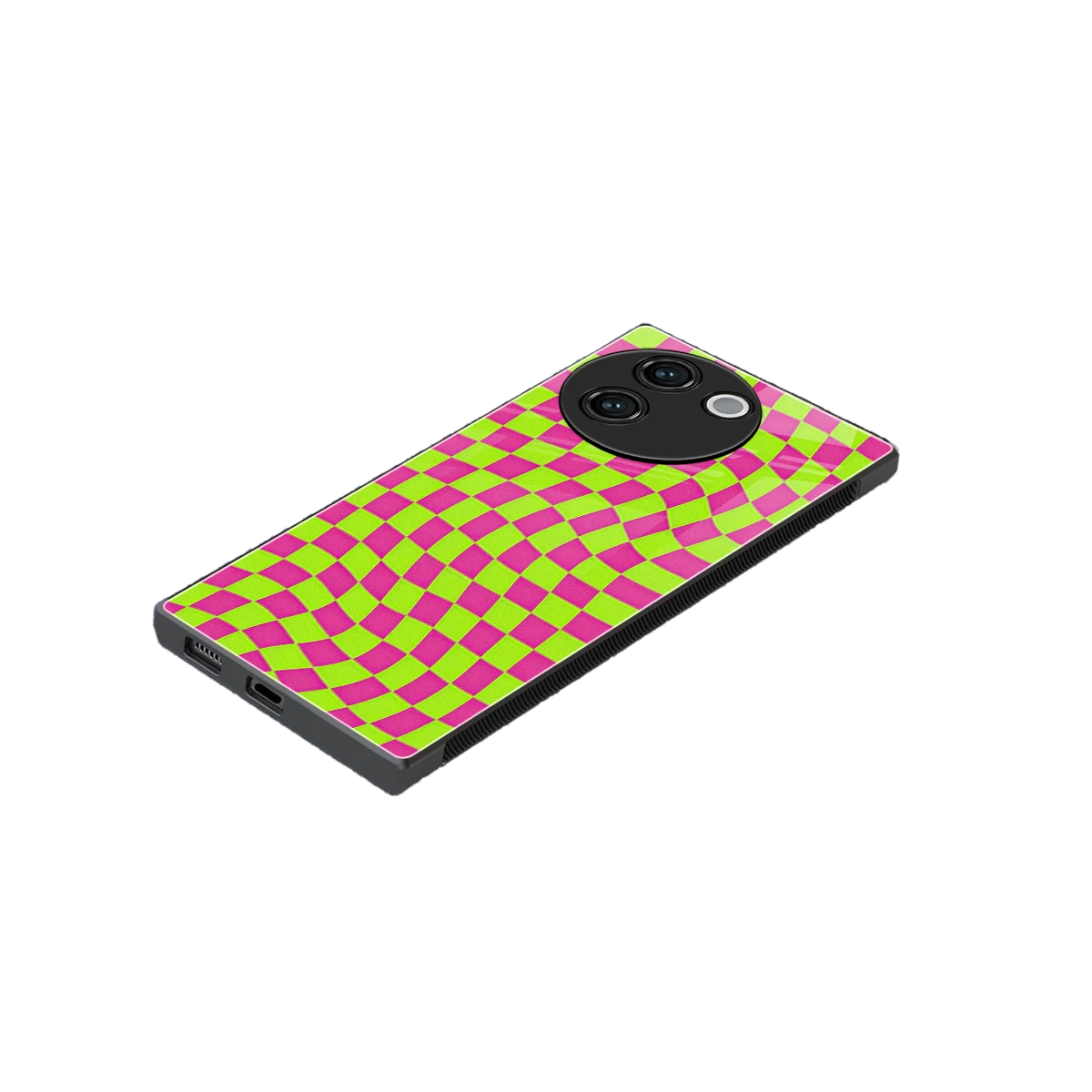 Trippy Green Pink Checkers stylish phone case for vivo v30e | glossy glass and slim fit
