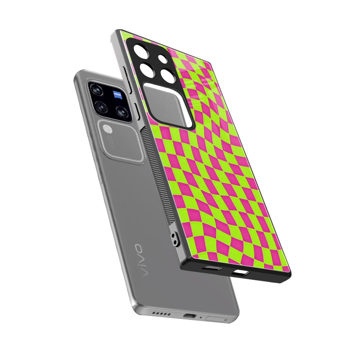 Trippy Green Pink Checkers sleekvivo v30 pro cover with tempered glass back and TPU edges