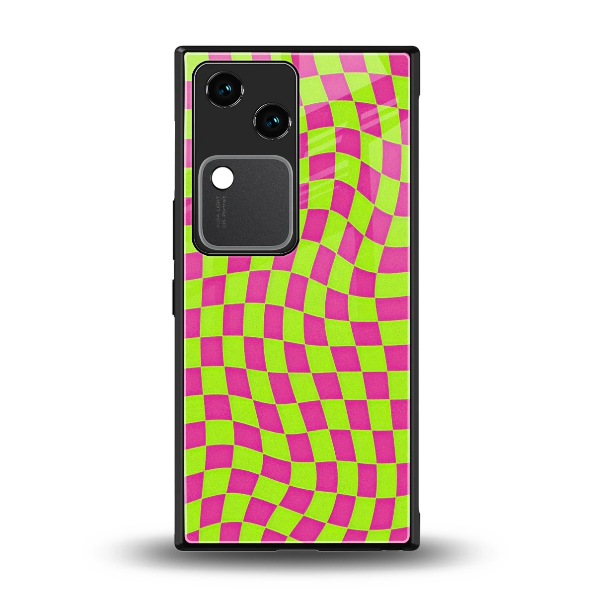Trippy Green Pink Checkers back phone cover | glass case for vivo v30