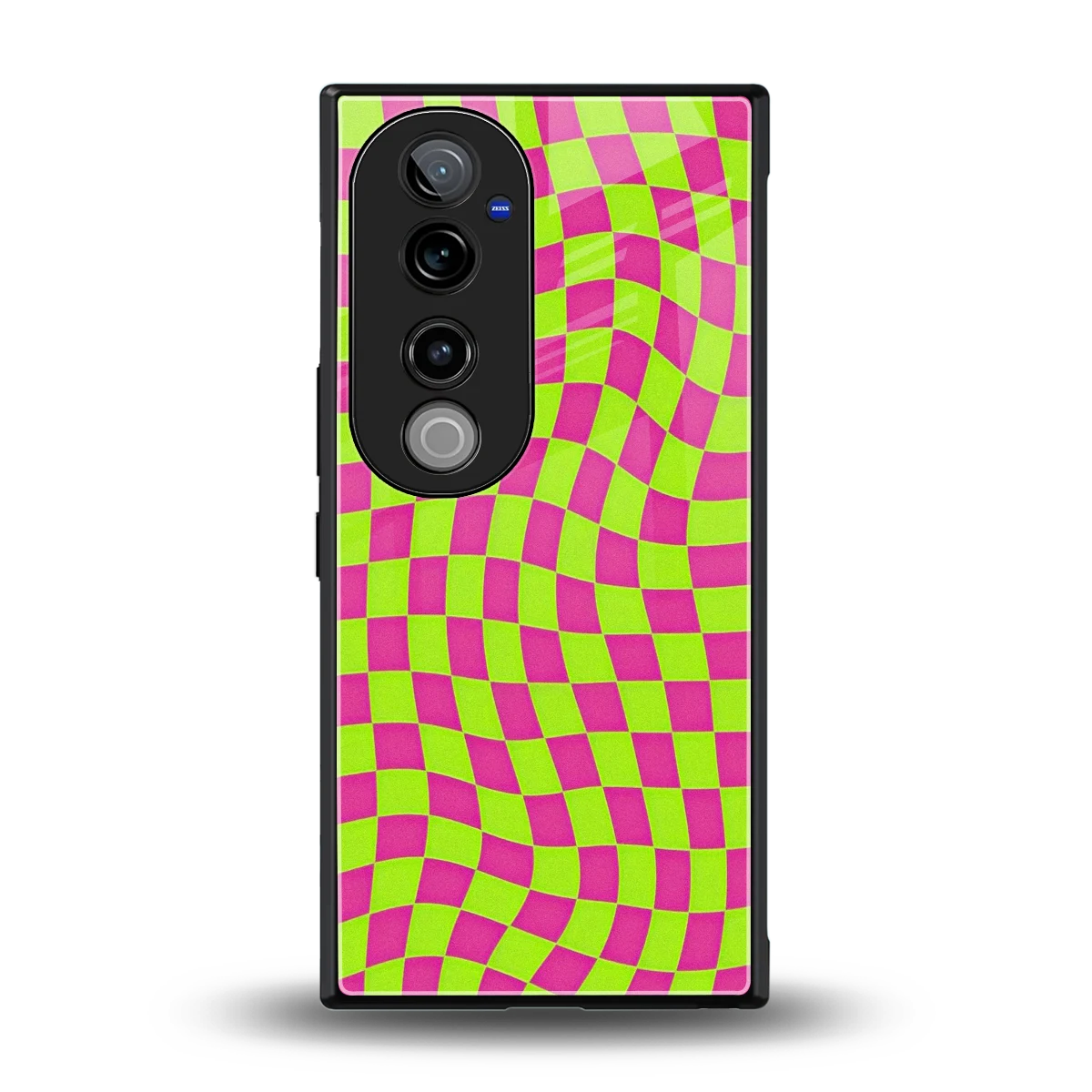Trippy Green Pink Checkers back phone cover | glass case for vivo v40 pro