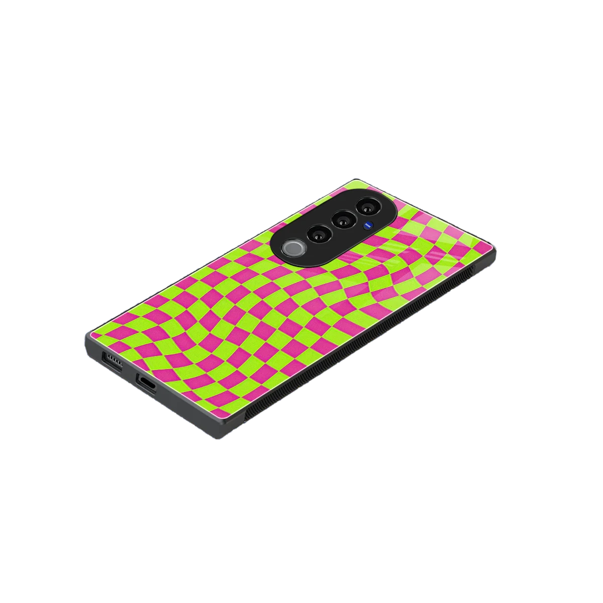 Trippy Green Pink Checkers stylish phone case for vivo v40 pro | glossy glass and slim fit