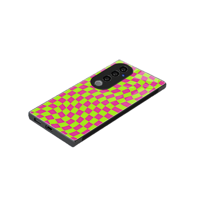 Trippy Green Pink Checkers stylish phone case for vivo v40 pro | glossy glass and slim fit