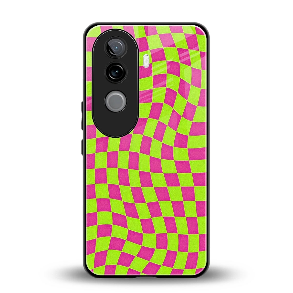 Trippy Green Pink Checkers back phone cover | glass case for vivo v40e
