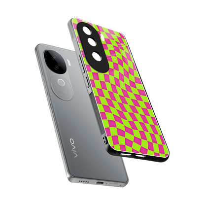 Trippy Green Pink Checkers sleek vivo v40e cover with tempered glass back and TPU edges