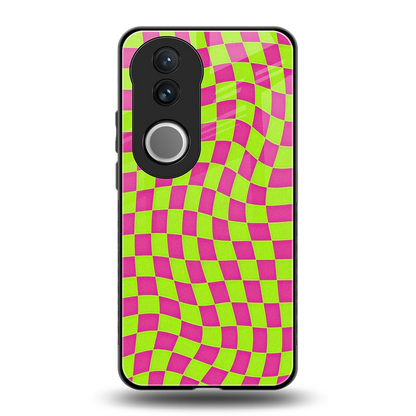 Trippy Green Pink Checkers back phone cover | glass case for vivo v50
