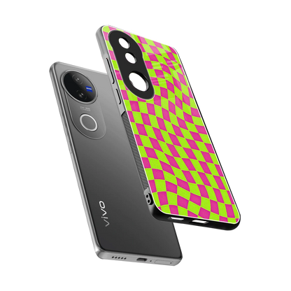 Trippy Green Pink Checkers sleek vivo v50 cover with tempered glass back and TPU edges