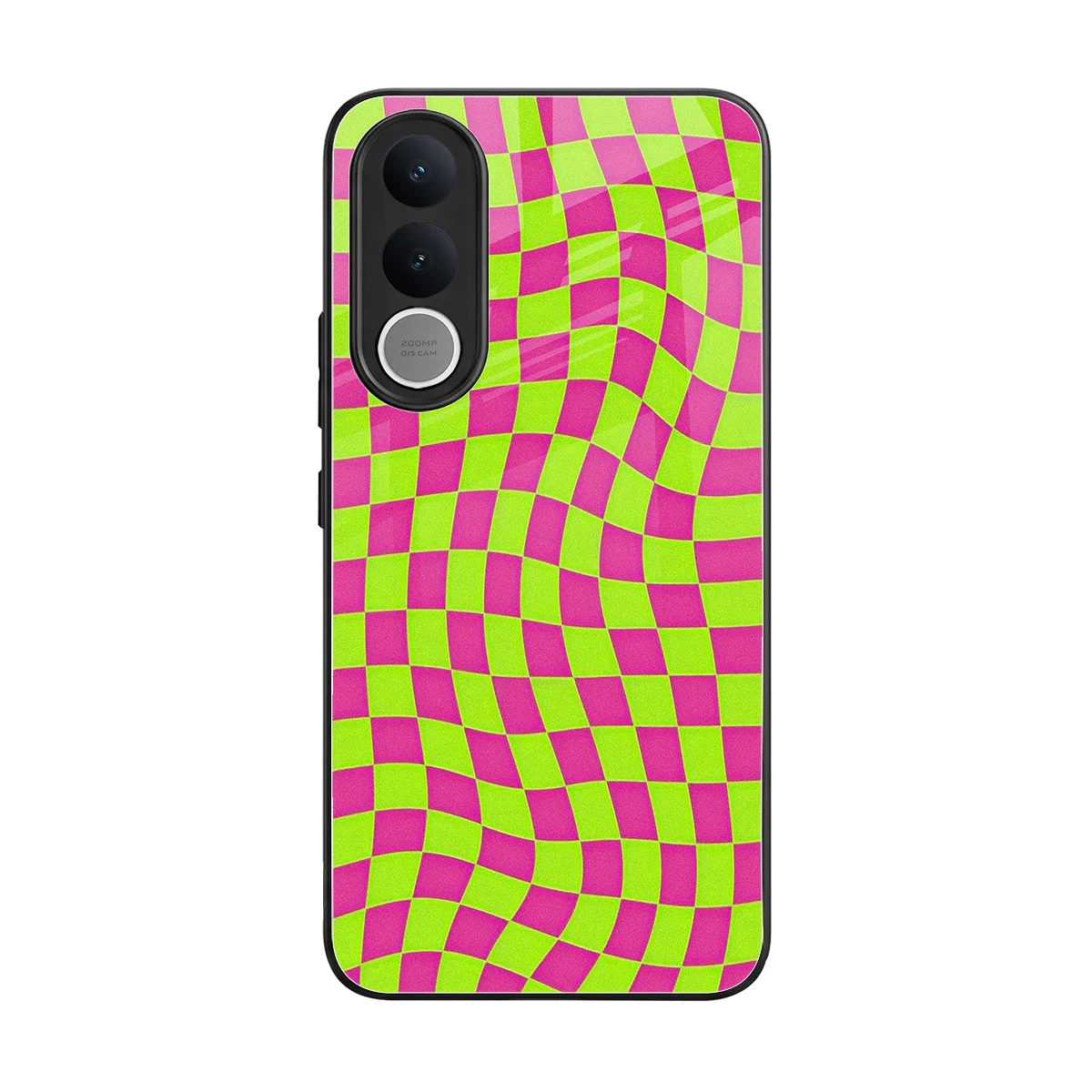 Trippy Green Pink Checkers back phone cover | glass case for vivo v70 fe