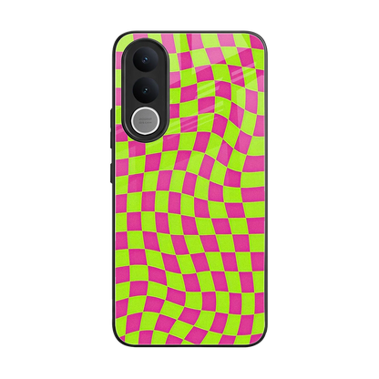 Trippy Green Pink Checkers back phone cover | glass case for vivo v70 fe