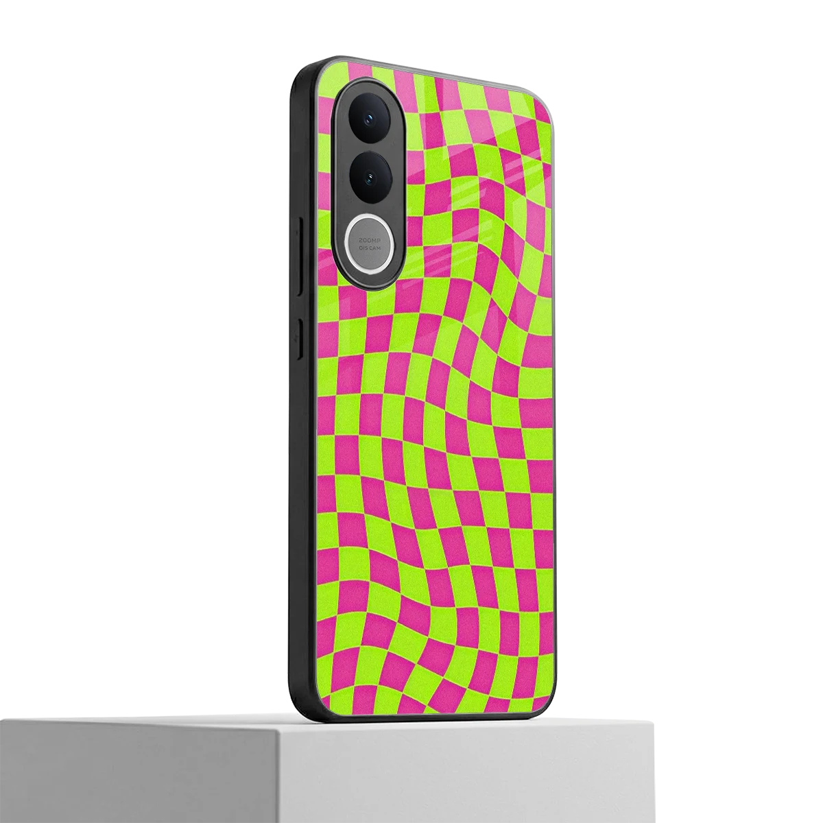 Trippy Green Pink Checkers vivo v70 fe mobile cover | shockproof glass phone case