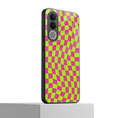 Trippy Green Pink Checkers vivo v70 fe mobile cover | shockproof glass phone case
