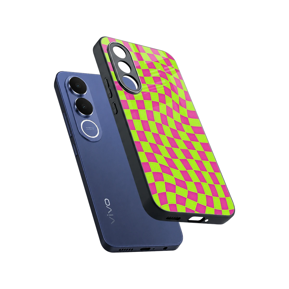 Trippy Green Pink Checkers sleek vivo v70 fe cover with tempered glass back and TPU edges