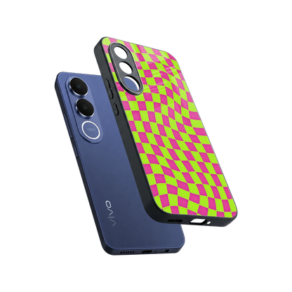 Trippy Green Pink Checkers sleek vivo v70 fe cover with tempered glass back and TPU edges
