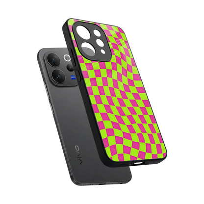Trippy Green Pink Checkers sleek vivo v70 cover with tempered glass back and TPU edges