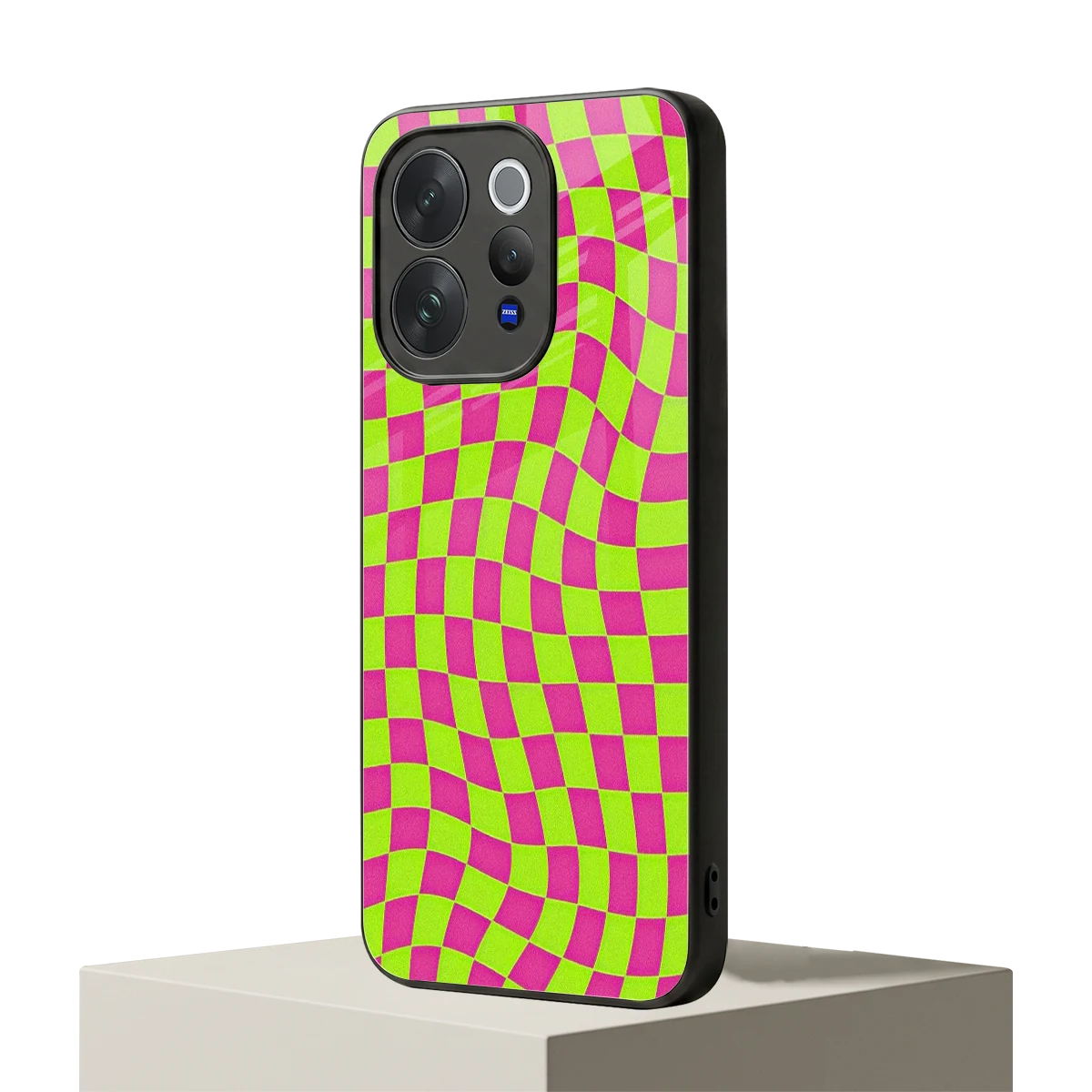 Trippy Green Pink Checkers vivo v70 elite mobile cover | shockproof glass phone case