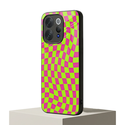 Trippy Green Pink Checkers vivo v70 elite mobile cover | shockproof glass phone case