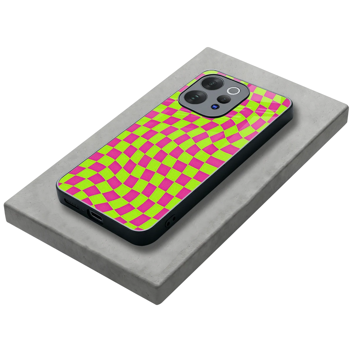 Trippy Green Pink Checkers stylish phone case for vivo v70 elite | glossy glass and slim fit