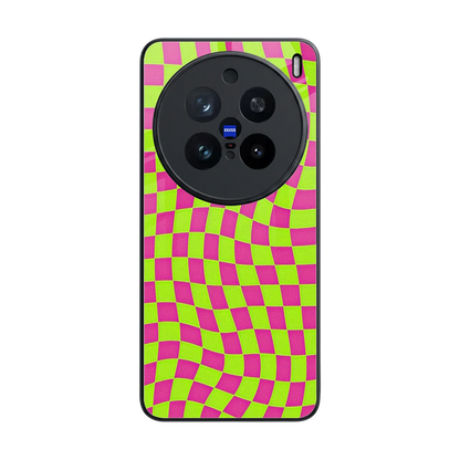 Trippy Green Pink Checkers back phone cover | glass case for vivo x200 pro