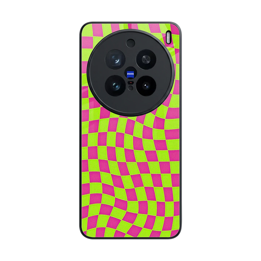 Trippy Green Pink Checkers back phone cover | glass case for vivo x200 pro